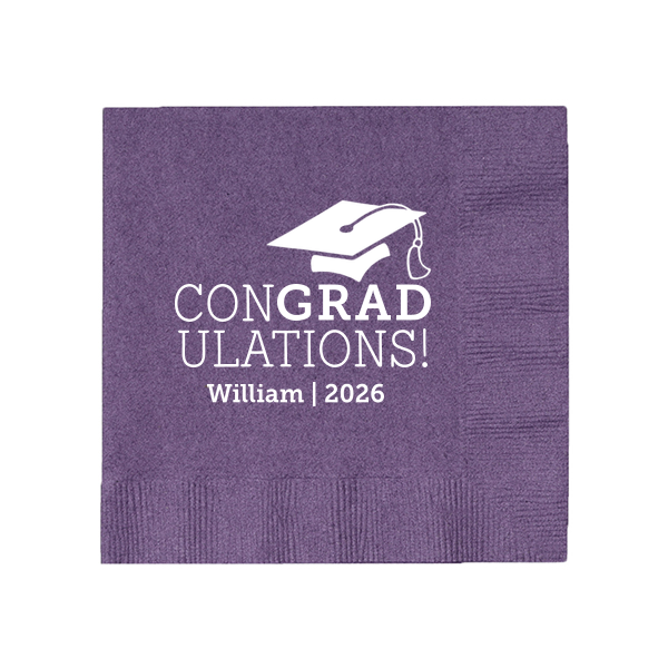 The ConGRADulations! Cap Napkin features a classic cap illustration paired with bold congratulatory lettering and a custom name and year detail. Order yours to add a polished touch to your party table and celebrate in style. Spot-on for graduation parties!