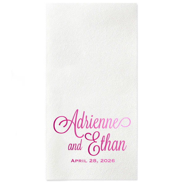The Elegant Names Flourish Script Wedding Napkin features the couple's names in a stunning, elegant script, dramatically enhanced by ornate flourishes on the first initials. Below, in a subtle contrast, the event date is neatly presented in small, all-caps block letters, completing this elegant and dramatic design.