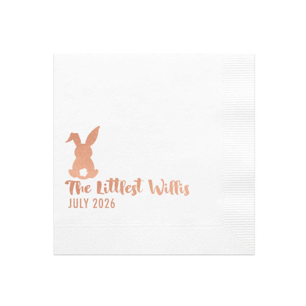 Custom White Cocktail Napkin with Shiny Rose Gold Foil has a Bunny graphic and is good for use in Animals, Easter, Holiday themed parties and will make your guests swoon. Personalize your party's theme today.