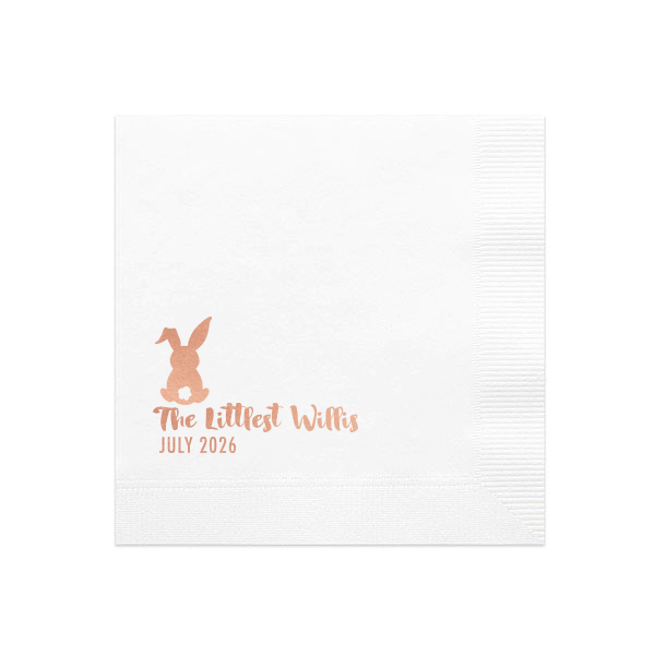 Custom White Cocktail Napkin with Shiny Rose Gold Foil has a Bunny graphic and is good for use in Animals, Easter, Holiday themed parties and will make your guests swoon. Personalize your party's theme today.