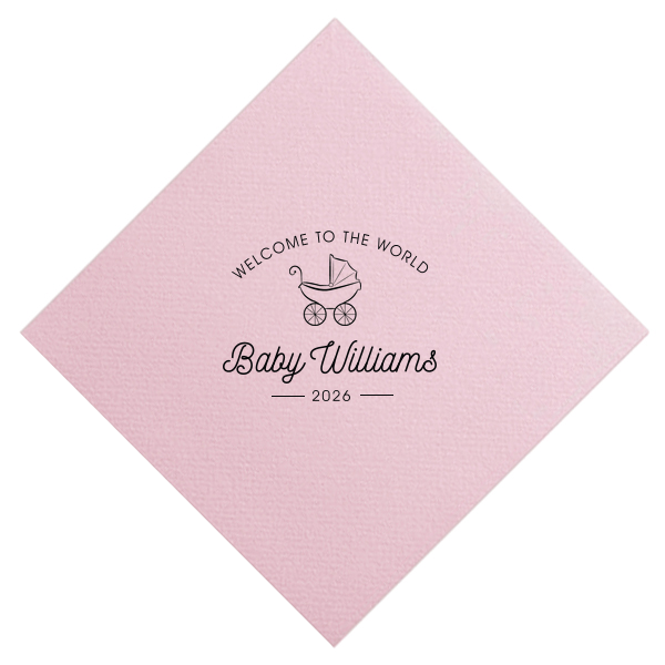 Embrace vintage charm with the Welcome to the World Baby Shower Napkin, featuring a hand-drawn baby carriage and classic script. This whimsical design offers a warm, nostalgic welcome for the newest addition, perfect for any baby shower.
