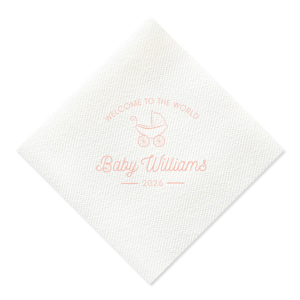 Embrace vintage charm with the Welcome to the World Baby Shower Napkin, featuring a hand-drawn baby carriage and classic script. This whimsical design offers a warm, nostalgic welcome for the newest addition, perfect for any baby shower.