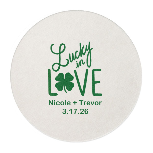 ForYourParty's chic Eggshell Square Coaster with Satin Leaf Foil has a Lucky In Love graphic and is good for use in Wedding, St Patricks Day themed parties and can be customized to complement every last detail of your party.