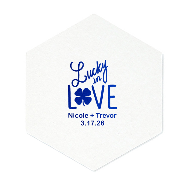 ForYourParty's chic Eggshell Square Coaster with Satin Leaf Foil has a Lucky In Love graphic and is good for use in Wedding, St Patricks Day themed parties and can be customized to complement every last detail of your party.