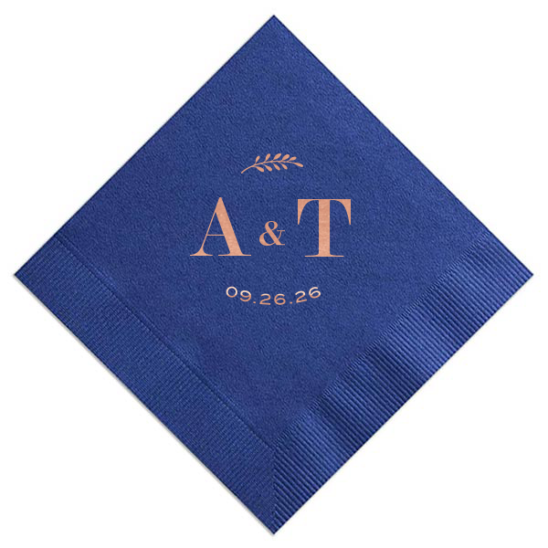 Set the scene for sophisticated celebration with the Contemporary Leaf Monogram Wedding Napkin, featuring sleek initials, a single leaf motif, and the special date, all combining for a chic, memorable accent to your event's décor.