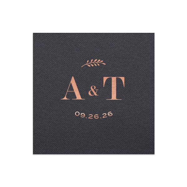 The Contemporary Leaf Monogram Wedding Napkin features elegant initials and date with a delicate botanical sprig for a refined tablescape. Choose it to elevate place settings with a polished, organic touch. Excellent for weddings or rehearsal dinners.