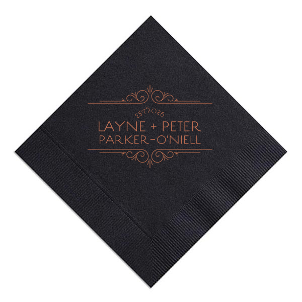 Step back into an era of elegance with the Vintage Deco Frame Napkin, featuring an exquisite Art Deco frame that spotlights the couple's names and wedding year. Each detail swirls together, drawing eyes to the heart of your timeless celebration.