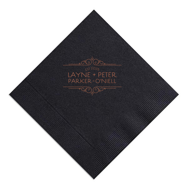 Step back into an era of elegance with the Vintage Deco Frame Napkin, featuring an exquisite Art Deco frame that spotlights the couple's names and wedding year. Each detail swirls together, drawing eyes to the heart of your timeless celebration.