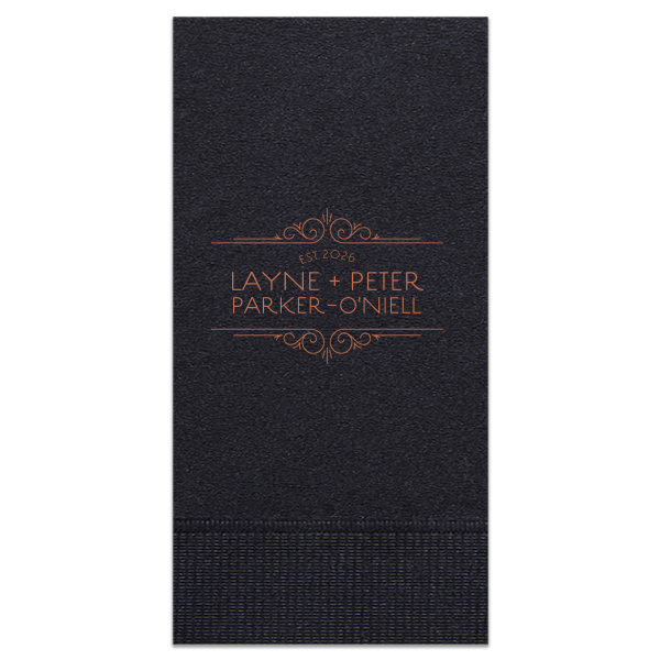 Step back into an era of elegance with the Vintage Deco Frame Napkin, featuring an exquisite Art Deco frame that spotlights the couple's names and wedding year. Each detail swirls together, drawing eyes to the heart of your timeless celebration.