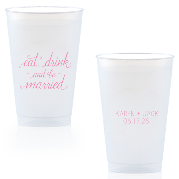 Toast to wedded bliss with the Eat, Drink and Be Married Cup, where a gentle cascade of words invites a night of celebration. The couple's names and wedding date on the reverse side add a personal seal to this jubilant toast.