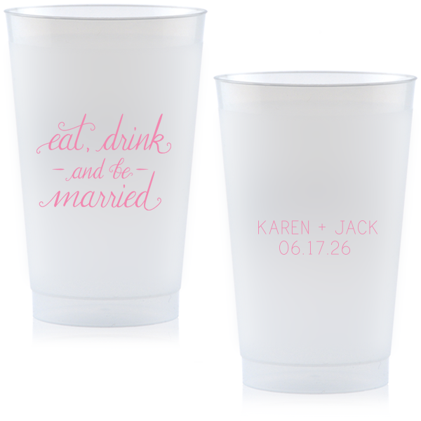 Toast to wedded bliss with the Eat, Drink and Be Married Cup, where a gentle cascade of words invites a night of celebration. The couple's names and wedding date on the reverse side add a personal seal to this jubilant toast.