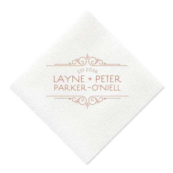 Step back into an era of elegance with the Vintage Deco Frame Napkin, featuring an exquisite Art Deco frame that spotlights the couple's names and wedding year. Each detail swirls together, drawing eyes to the heart of your timeless celebration.