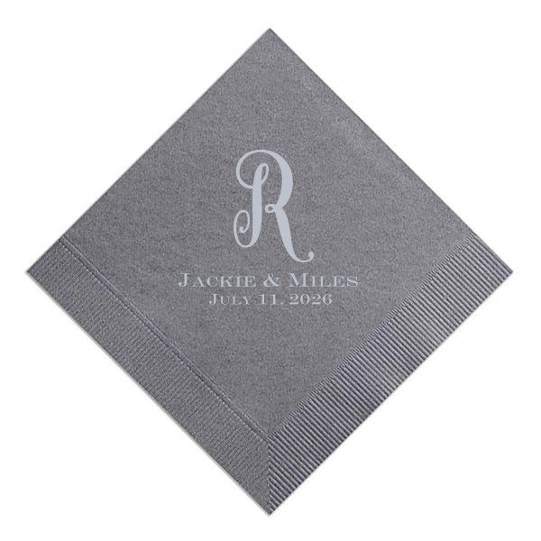 The Elegant Mono Initial Name and Date Wedding Napkin design elegantly symbolizes unity and identity, featuring a grand, scrolling script of the couple's shared last initial. This monogram, a sign of their eternal bond, is strikingly complemented by their full names and event date in bold, all-caps block lettering below. A sophisticated embodiment of togetherness.