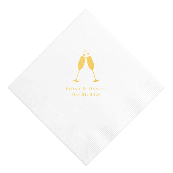 ForYourParty's chic White Cocktail Napkins with Shiny 18 Kt Gold Foil has a Flutes 2 graphic and is good for use in Drinks, Wedding, Holiday themed parties and can't be beat. Showcase your style in every detail of your party's theme!