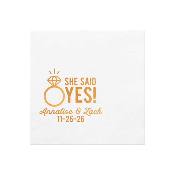 The She Said Yes! Diamond Ring Napkin features bold celebratory lettering, your name and special date, elegant script,t and a sparkling ring icon for a joyful announcement detail. Set it out to share the excitement and invite guests to celebrate together. Just right for engagement parties, or proposal celebrations!