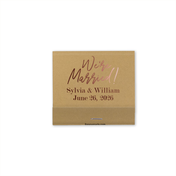 Our beautiful custom Super Gold Shimmer 30 Strike Matchbook with Shiny Merlot Foil Color has a We're Married graphic and is good for use in Wedding themed parties and will make your guests swoon. Personalize your party's theme today.