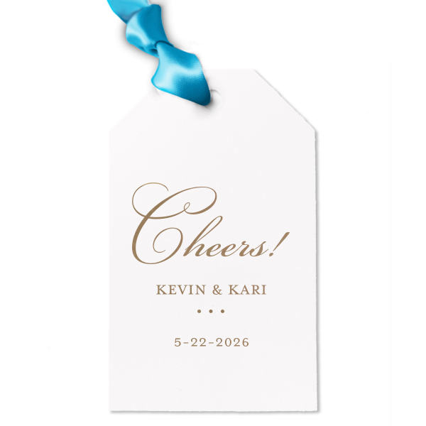 Celebrate with style using the Cheers! Name and Date Gift Tag. Its design highlights "Cheers!" in an elegant, scrolling font, symbolizing a toast to joy and good fortune. Paired with the couple's name and date, it transforms each gift into a graceful, personalized token of appreciation.