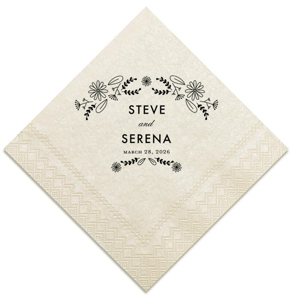 Frame your nuptials with the Floral Flourish Wedding Napkin, boasting hand-drawn, modern flourishes. The couple's names and date are nestled within this botanical art, lending organic elegance to the celebration's thoughtful details.