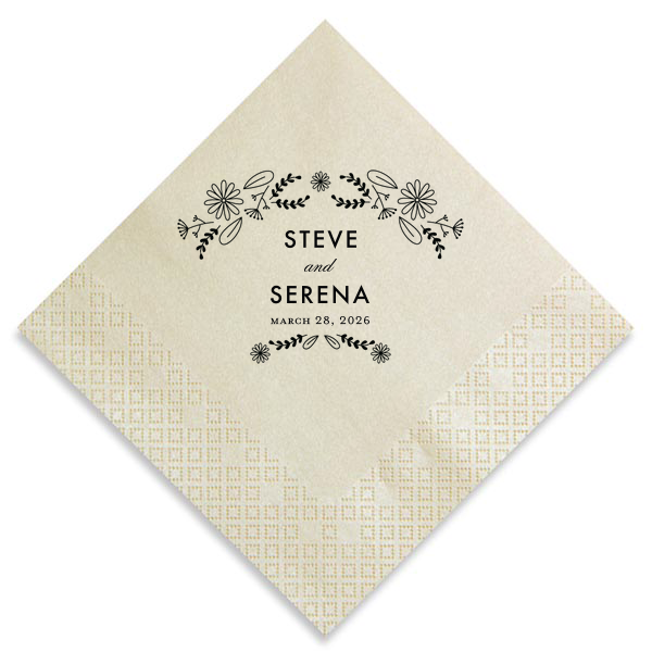 Frame your nuptials with the Floral Flourish Wedding Napkin, boasting hand-drawn, modern flourishes. The couple's names and date are nestled within this botanical art, lending organic elegance to the celebration's thoughtful details.