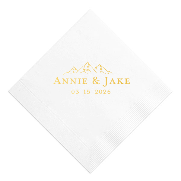 The Mountain Range Date Napkin brings nature's majesty to your event. Featuring a subtle background of three mountain peaks, it signifies the couple's affinity for mountains or celebrates a mountainous event locale. Below, the couple's names and event date, convey a sense of groundedness, perfectly blending the grandeur of nature with the simplicity of love.