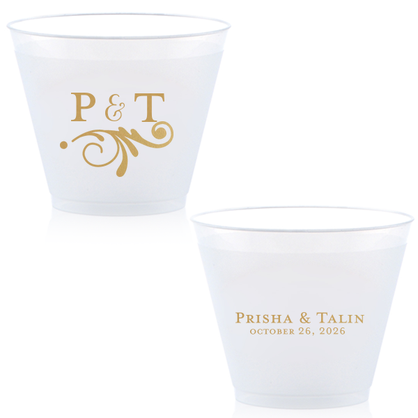 Sip in style with the Elegant Flourish Wedding Cup, where modern meets vintage in a curvy French flourish. Initials entwine with a swirly ampersand, while names and date sit elegantly above the same sophisticated swirl, toasting to timeless romance.