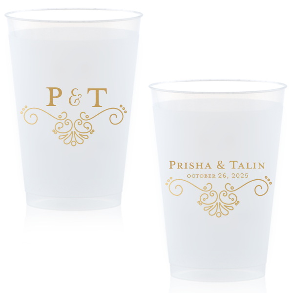 Sip in style with the Elegant Flourish Wedding Cup, where modern meets vintage in a curvy French flourish. Initials entwine with a swirly ampersand, while names and date sit elegantly above the same sophisticated swirl, toasting to timeless romance.