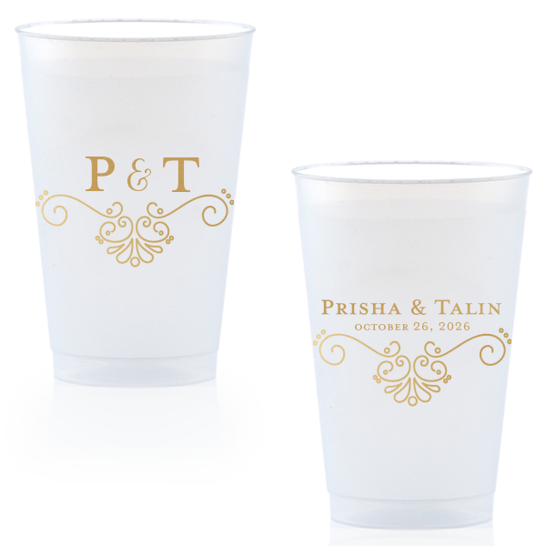 Sip in style with the Elegant Flourish Wedding Cup, where modern meets vintage in a curvy French flourish. Initials entwine with a swirly ampersand, while names and date sit elegantly above the same sophisticated swirl, toasting to timeless romance.