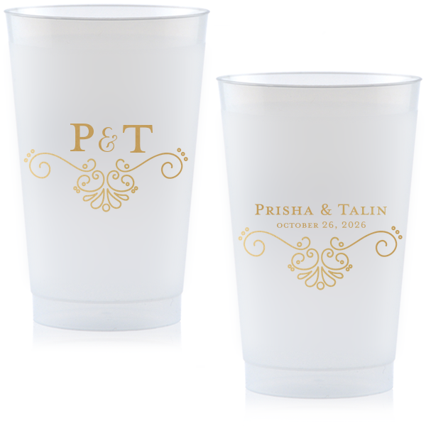 Sip in style with the Elegant Flourish Wedding Cup, where modern meets vintage in a curvy French flourish. Initials entwine with a swirly ampersand, while names and date sit elegantly above the same sophisticated swirl, toasting to timeless romance.