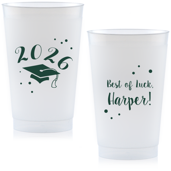 Celebrate commencement with the Good Luck Grad Cup, featuring a soaring graduation cap against a shower of confetti. 'Best of Luck' wishes on the back, alongside the graduate's name, toast to future endeavors with exuberant cheer.