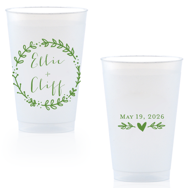 This Wreath Names Cup features a romantic botanical wreath surrounding the couple’s names on one side and a sweet heart accent with a special date on the other. Order a set to serve drinks with a charming, custom touch guests will love. Lovely for wedding receptions!