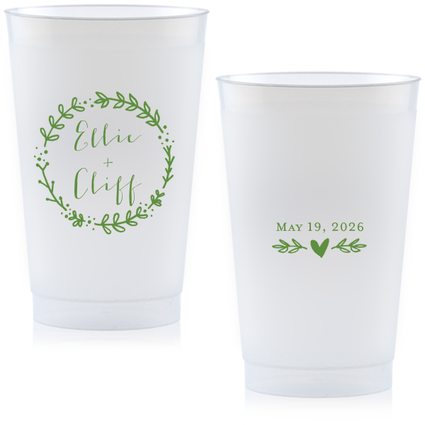 This Wreath Names Cup features a romantic botanical wreath surrounding the couple’s names on one side and a sweet heart accent with a special date on the other. Order a set to serve drinks with a charming, custom touch guests will love. Lovely for wedding receptions!