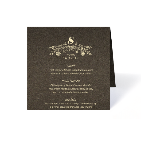 Present a feast for the eyes with the Rose Laurel Menu, crowned by an arch of hand-drawn blooms and foliage. Thirteen lines await your gourmet selections, framing each course with an air of elegance befitting the finest gatherings.