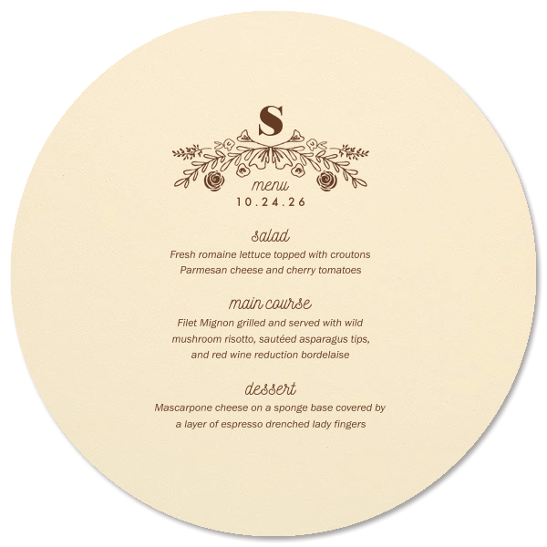 Present a feast for the eyes with the Rose Laurel Menu, crowned by an arch of hand-drawn blooms and foliage. Thirteen lines await your gourmet selections, framing each course with an air of elegance befitting the finest gatherings.