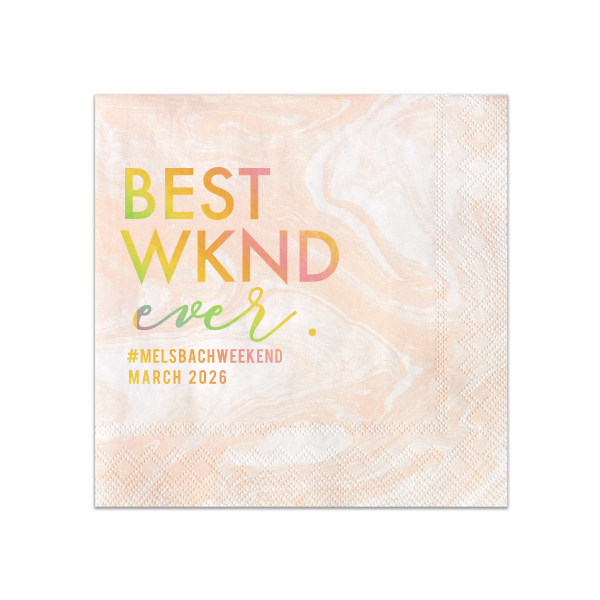 Celebrate a getaway to remember with our BEST WKND Ever Hashtag Napkin. This lively design leads with "BEST" in bold, encapsulating the joy of a perfect weekend. Personalize with a hashtag and date, crafting a fun, memorable touch for any bachelor or bachelorette party.