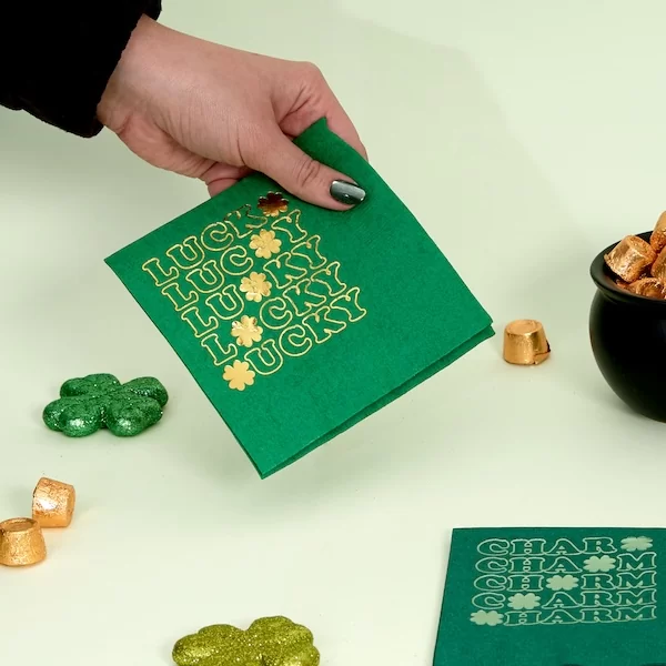 Green Napkin with Lucky printed in gold
