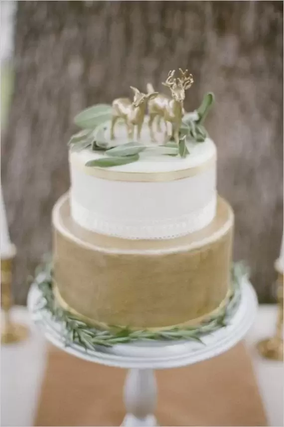 Gold and White Wedding Cake with Woodland cake topper