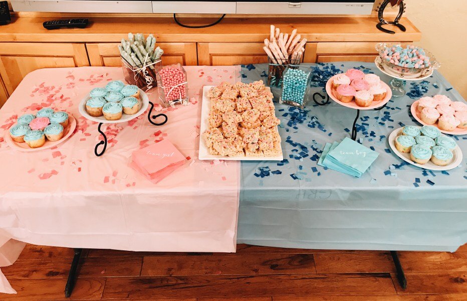 roloff gender reveal party DIY blue and pink dessert table
