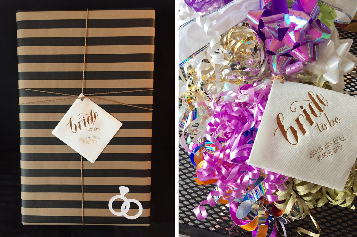 creative use of personalized cocktail napkin for rehearsal bouquet
