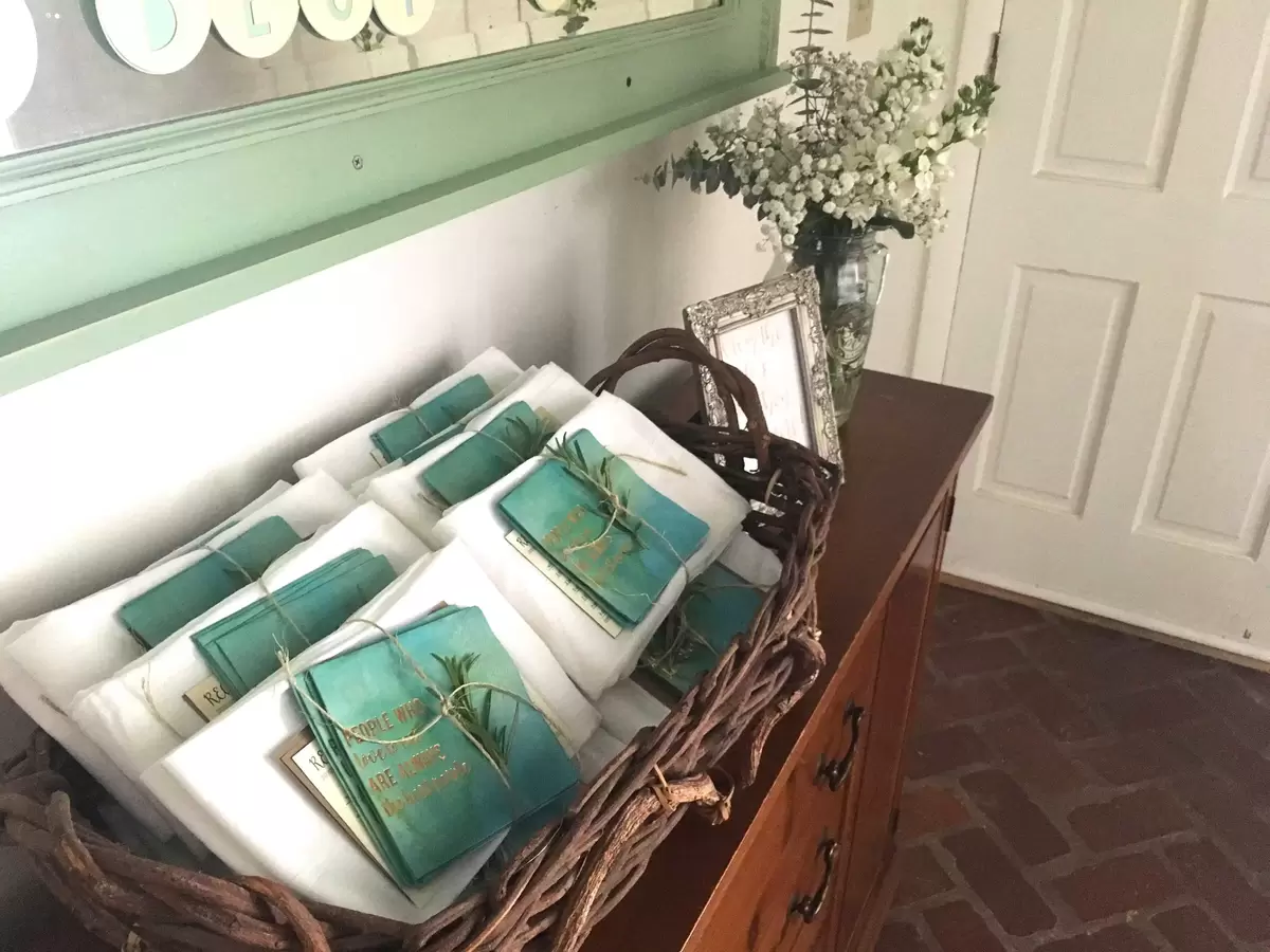 custom watercolor cocktail napkin and recipe cards for personalized party favors at a kitchen bridal shower