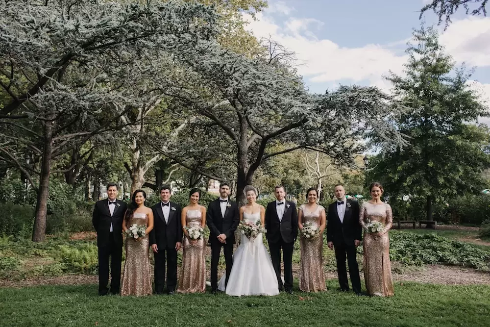 black tie bridal party with sequined bridesmaid dresses