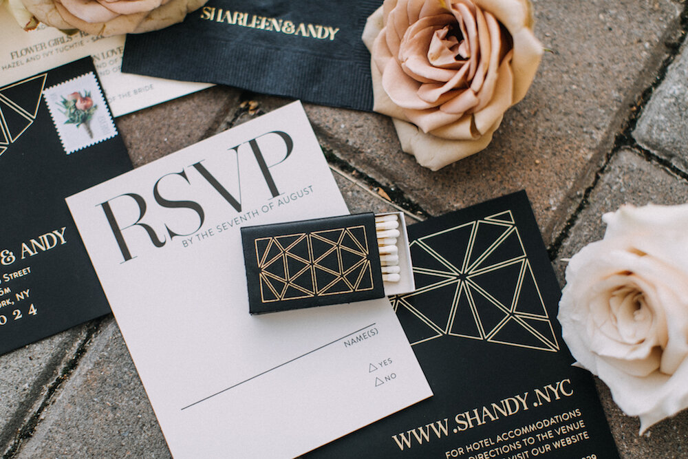 modern black tie wedding with personalized matches and personalized cocktail napkins
