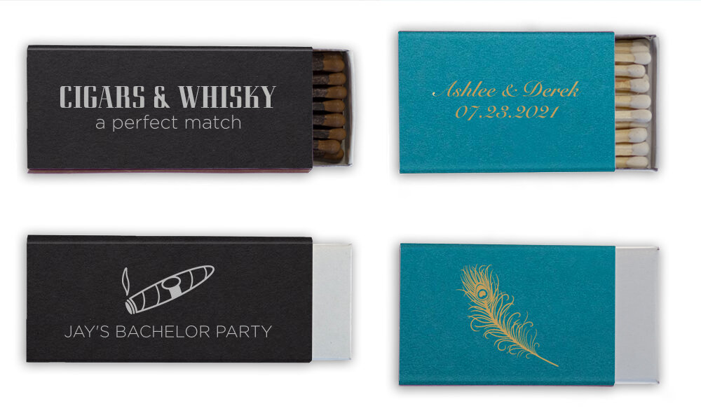 cigars and whiskey, a perfect match party favor and cute peacock matches for peacock party favors