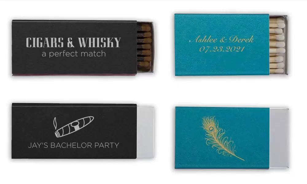 cigars and whiskey, a perfect match party favor and cute peacock matches for peacock party favors