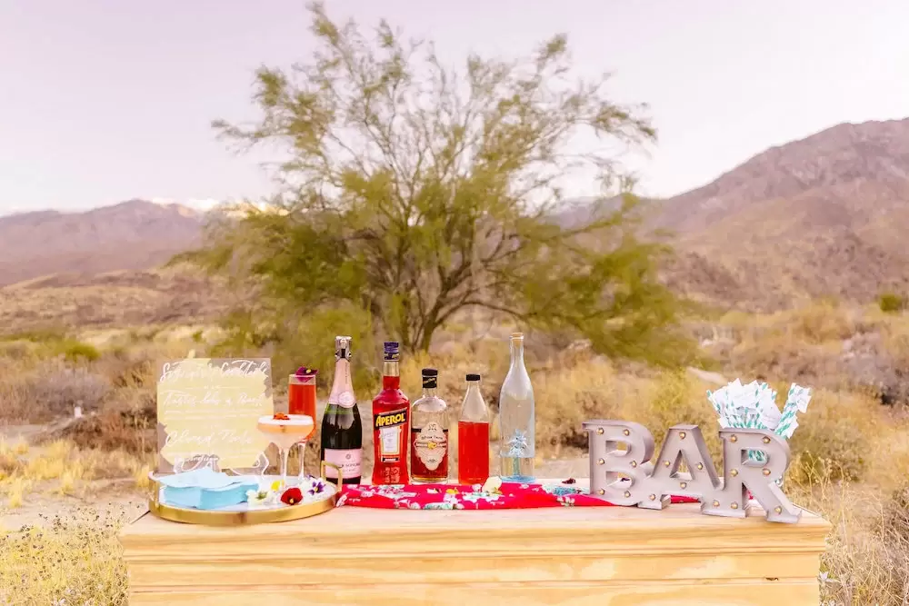 boho dessert wedding bar with signature drinks