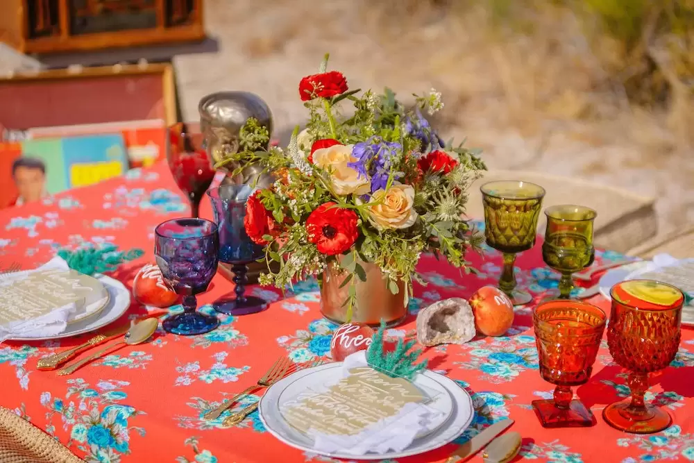 boho dessert wedding red and floral tablescape