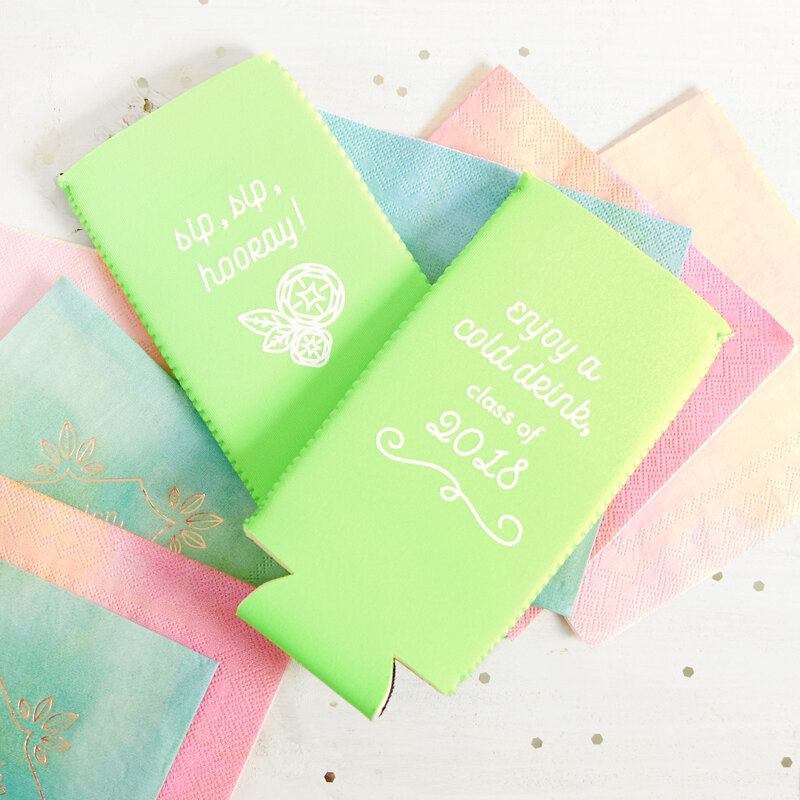 custom koozie party favors in bright colors