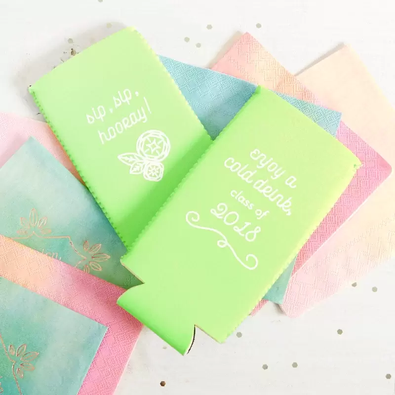 custom koozie party favors in bright colors