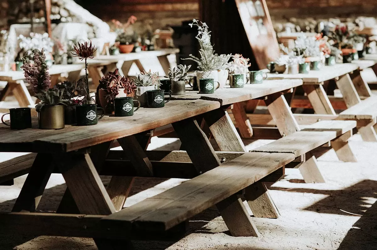summer camp ultra themed wedding reception tables