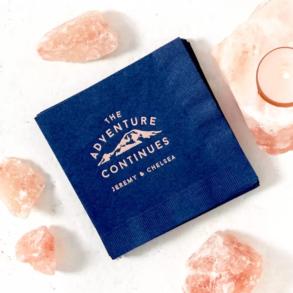 personalized The Adventure Continues wedding napkins