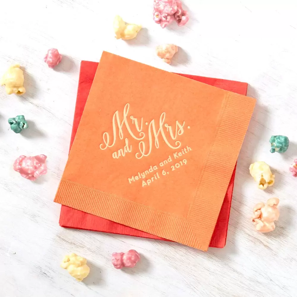 personalized Mr. and Mrs. Calligraphy wedding cocktail napkins